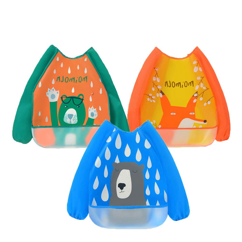 3 Pack Sleeved Bibs Waterproof Babies Feeding Bibs with Long Sleeves Washable Baby Apron for 6-36 Months Kids Eating and Painting Blue - BeesActive Australia