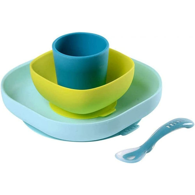 Béaba - Silicone Feeding Meal Set - Set of 4 Pieces : Plate + Bowl + Cup + Spoon - Silicone with Strong Suction pad - Baby and Children - Blue - BeesActive Australia