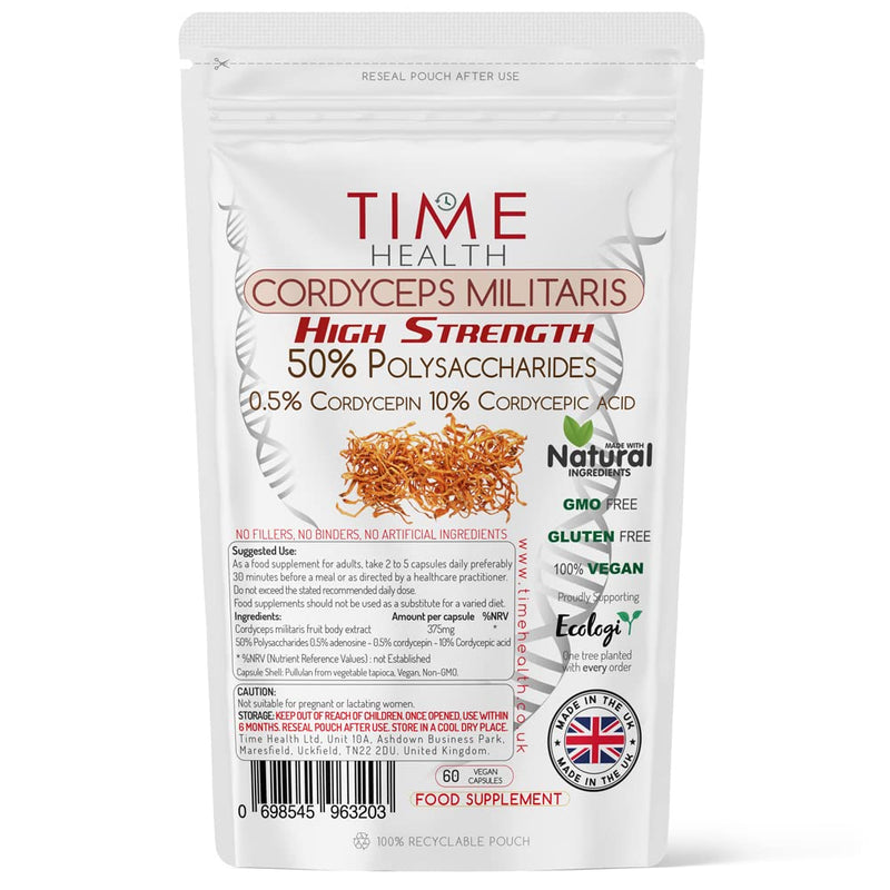Cordyceps militaris High Strength 50% Polysaccharides / 10% Cordycepic Acid / 0.5% Cordycepin (60 Capsule Pouch) 60 Count (Pack of 1) - BeesActive Australia