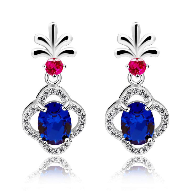Uloveido Sterling Silver Oval Simulated Sapphire 1.5CT September Birthstone Dangle Flower Studs Earrings for Women with Cubic Zirconia Pink Crystal FR034 Blue - BeesActive Australia
