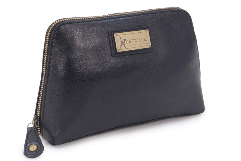 CATWALK COLLECTION HANDBAGS - Women's Vintage Leather Cosmetic Clutch / Makeup Pouch / Travel Beauty Bag - Emma - Black - BeesActive Australia