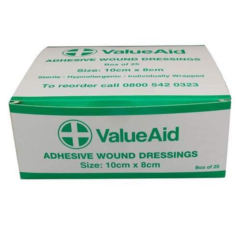 Value Aid Adhesive Wound Dressings - 10cm x 8cm - Box of 25 Single 10x8 cm (Pack of 25) - BeesActive Australia
