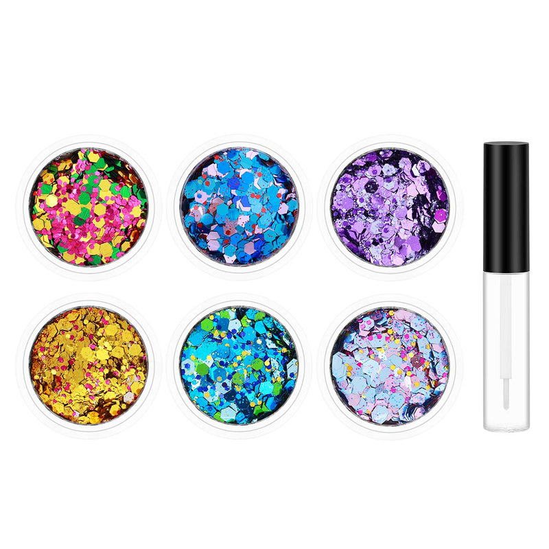 PartyKindom Face Glitter Cosmetic Glitter Body Chunky Glitter with Long Lasting Fix Gel for Eye, Cheeks,Hair, Festival Party -6 Colors - BeesActive Australia