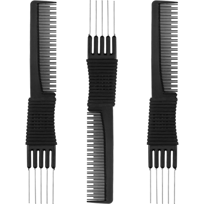 3 Pack Black Carbon Lift Teasing Combs with Metal Prong, Salon Teasing Back Combs, Black Carbon Comb with Stainless Steel Lift (Style A) - BeesActive Australia