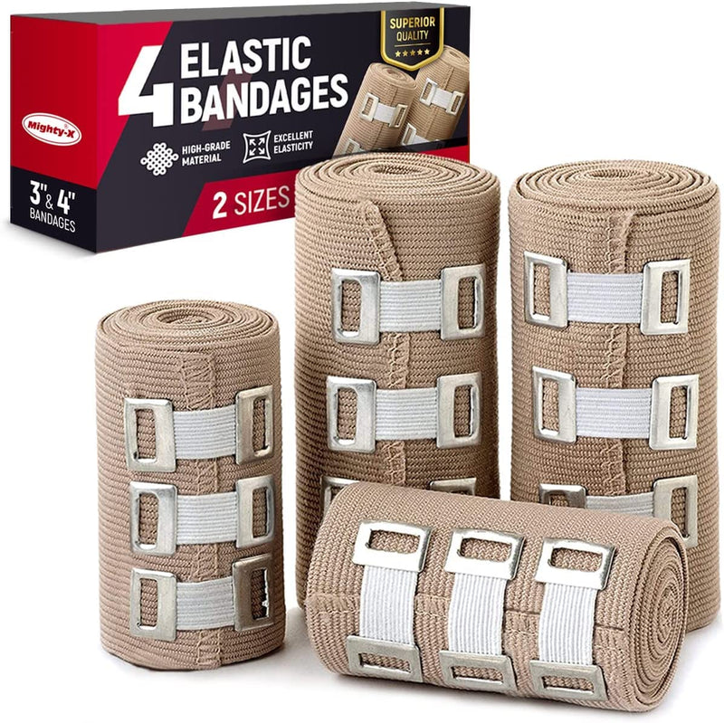 Premium Compression Bandage - Pack of 4 - (2 x 7.5cm + 2 x 10cm) - Durable Elastic Bandage Wrap + 12 Extra Clips - Stretches up to 4.6m 4 Piece Set - BeesActive Australia