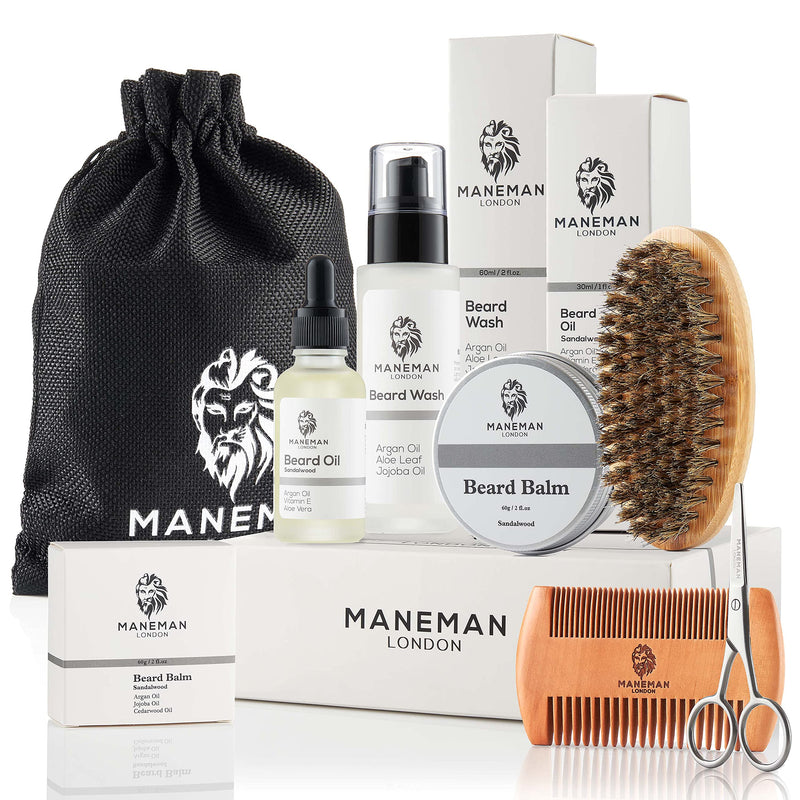 Maneman London Beard Grooming Kit for Men - 7 Piece Gift set, shampoo, oil, softens,itch free relief - BeesActive Australia
