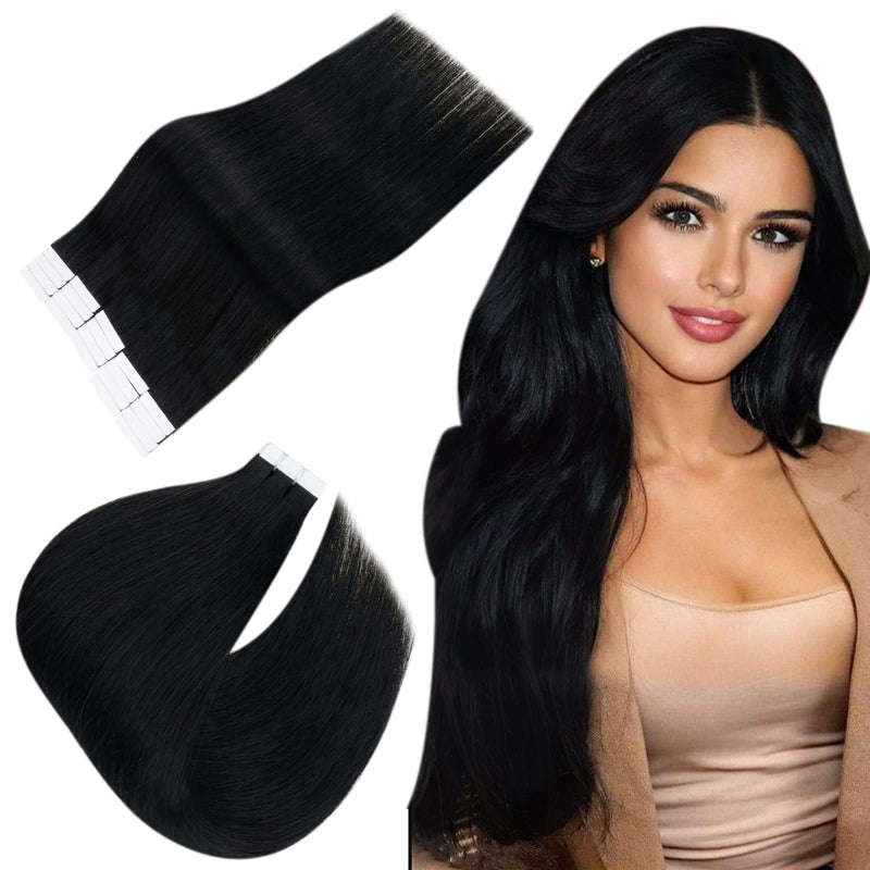 Easyouth Black Tape in Hair Extensions Human Hair Jet Black Tape in Extensions Real Remy Hair Extensions Tape in Black 12 Inch 30g 20Pcs #1 - BeesActive Australia