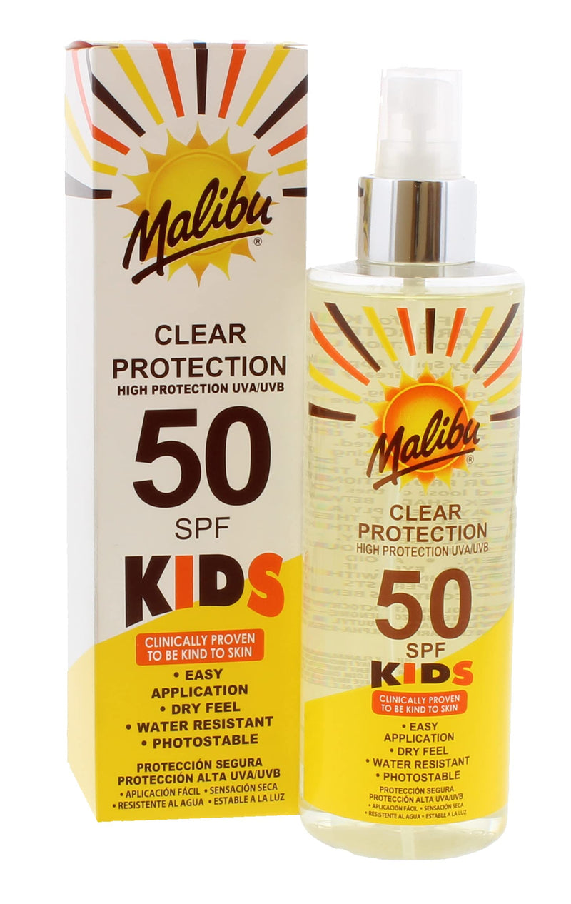 Malibu Kids High Protection Water Resistant Dry Feel SPF 50 Sun-Screen Clear Spray, 250ml - BeesActive Australia