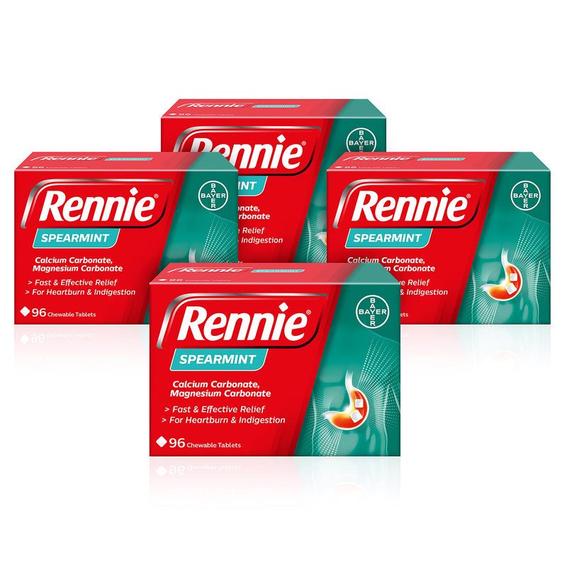 Rennie Antacids, Spearmint Flavour Heartburn Relief and Indigestion Tablets, Fast and Effective Relief for Acid Reflux, 4 Packs of 96 Tablets - BeesActive Australia