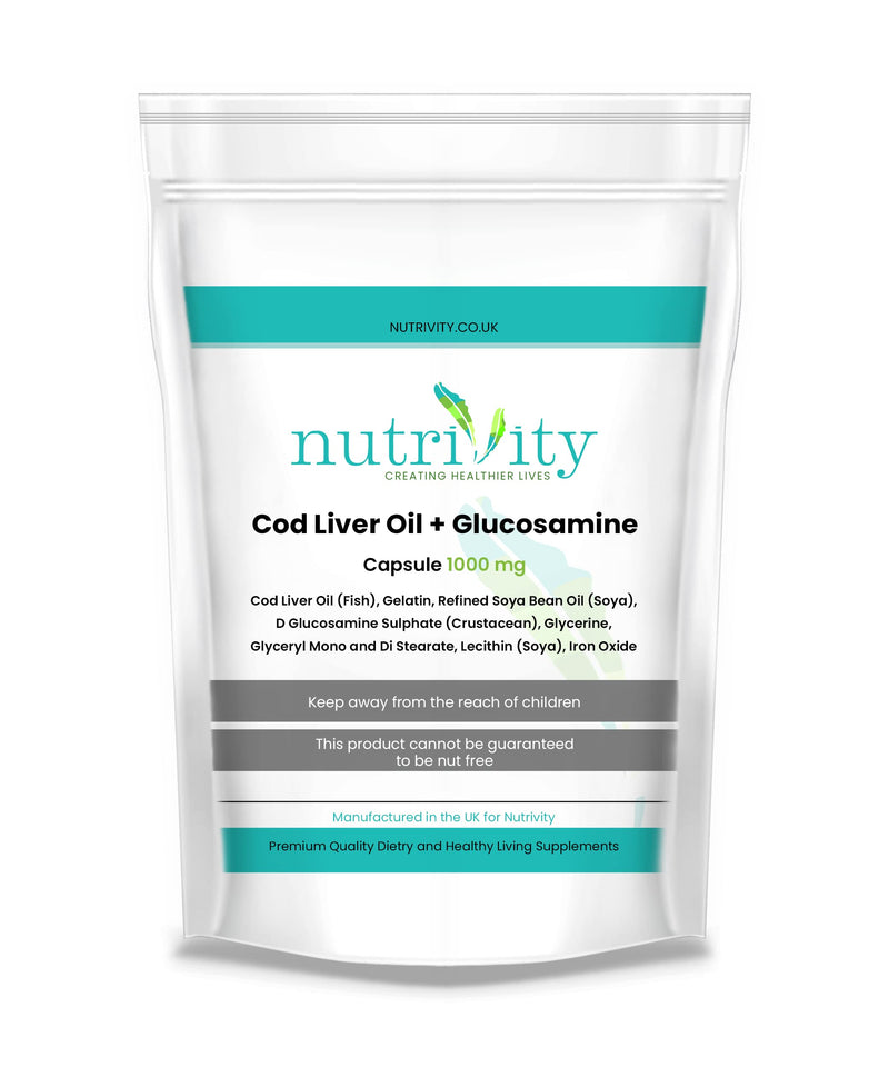 Cod Liver Oil & Glucosamine 1000mg Capsules for Joint Health with Omega 3 by Nutrivity UK 120 Caps - BeesActive Australia
