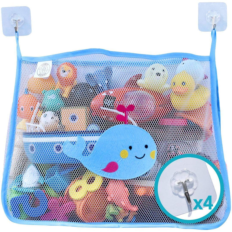 COSY ANGEL Baby Bath Toy Bag for Bath Toys Large Organiser Bathroom Storage Net with 4 Waterproof Self Adhesive Hooks (Blue) Blue - BeesActive Australia