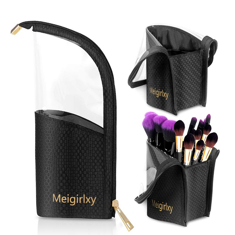 Makeup Brush Holder, Meigirlxy Travel Makeup Brush Organizer Case, Clear Plastic Cosmetic Zipper Pouch with Divider Black & Clear - BeesActive Australia