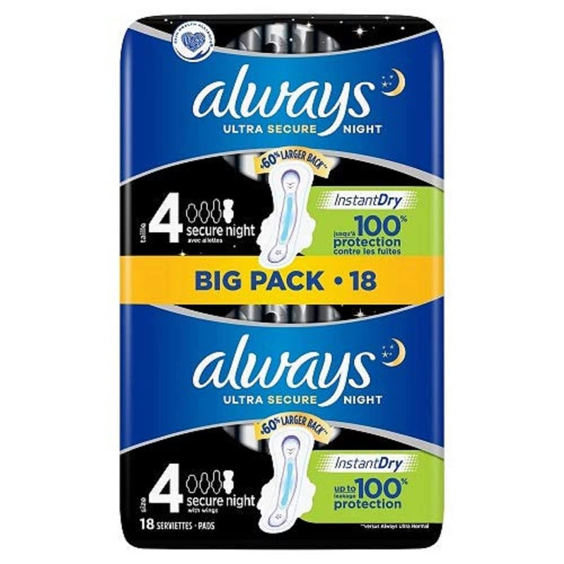 Always Ultra Secure Night Sanitary Towels Wings 18 Pads, Super Absorbent, Thin, Neutralises Odours Extra Coverage, Size 4 Ultra Secure Night 18 - BeesActive Australia