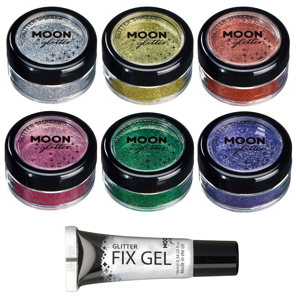 Classic Fine Glitter Shakers by Moon Glitter - Set of 6 colours + Fix Gel - Cosmetic Festival Makeup Glitter for Face, Body, Nails, Hair, Lips - 5g - BeesActive Australia