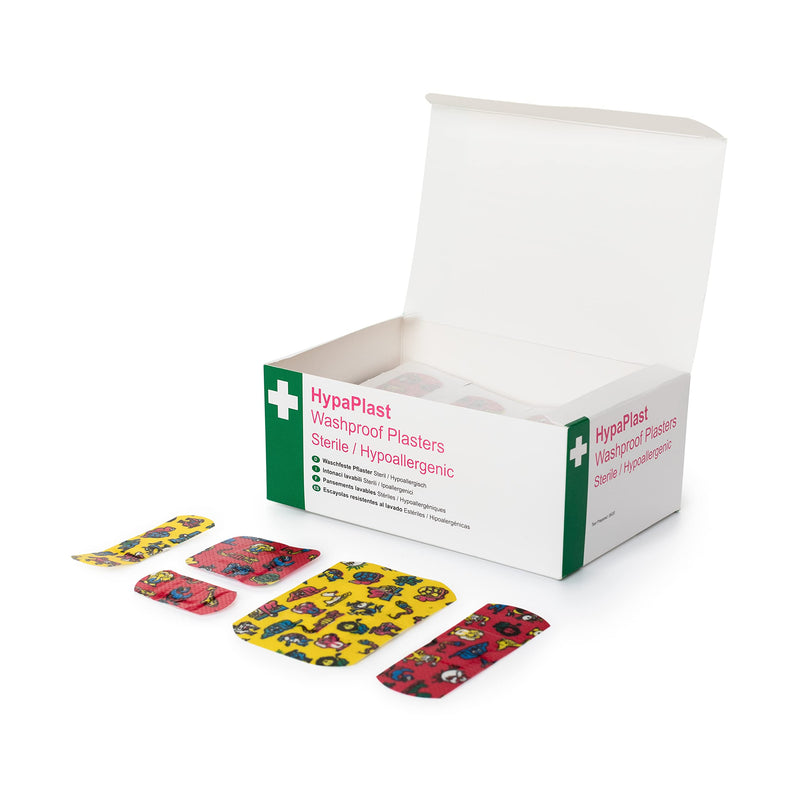 Safety First Aid Group HypaPlast Children's Washproof Plasters, Assorted (Pack of 100) Sterile Hypallergenic Children's Plasters - BeesActive Australia