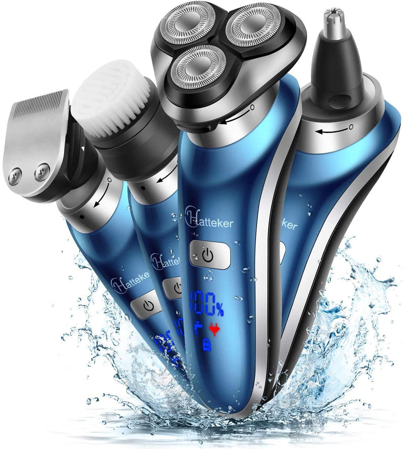 Hatteker Electric Shaver for Men Rotary Shaver Electric Razor Beard Trimmer Nose Hair Trimmer Cordless Wet Dry Face Brush 4 in 1 Blue - BeesActive Australia