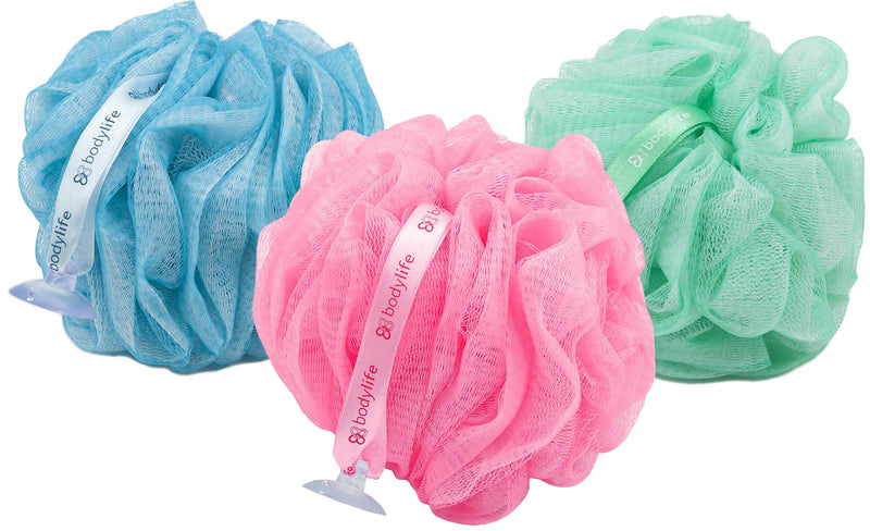 Bodylife Body Buffer, Puff, Exfoliating Bath & Shower Body Pouf, Scrunchie, Body Scrubber Pink Blue & Green 55g Triple Pack - BeesActive Australia