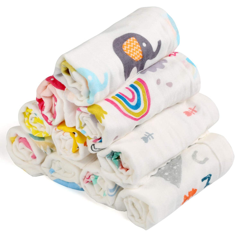 BelleStyle 10Pcs Muslin Washcloths Cotton Natural Baby Towels with Printed Design Soft Newborn Baby Towel for Sensitive Skin Baby - BeesActive Australia