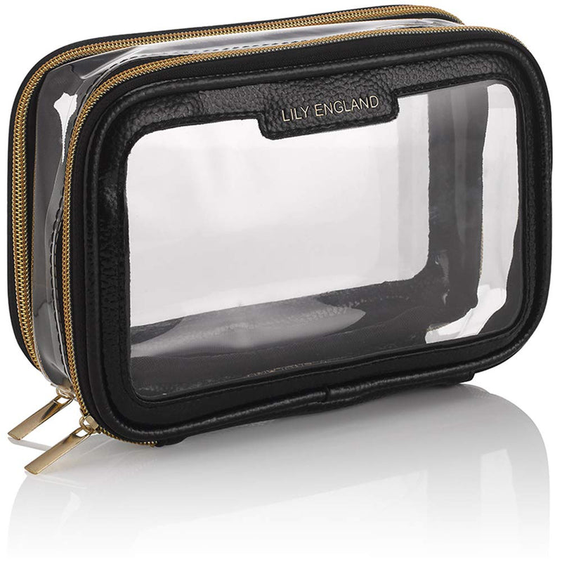 Clear Travel Makeup Bag Organiser - Small Portable Airport Toiletry Cosmetic Case by Lily England, Black and Gold - BeesActive Australia