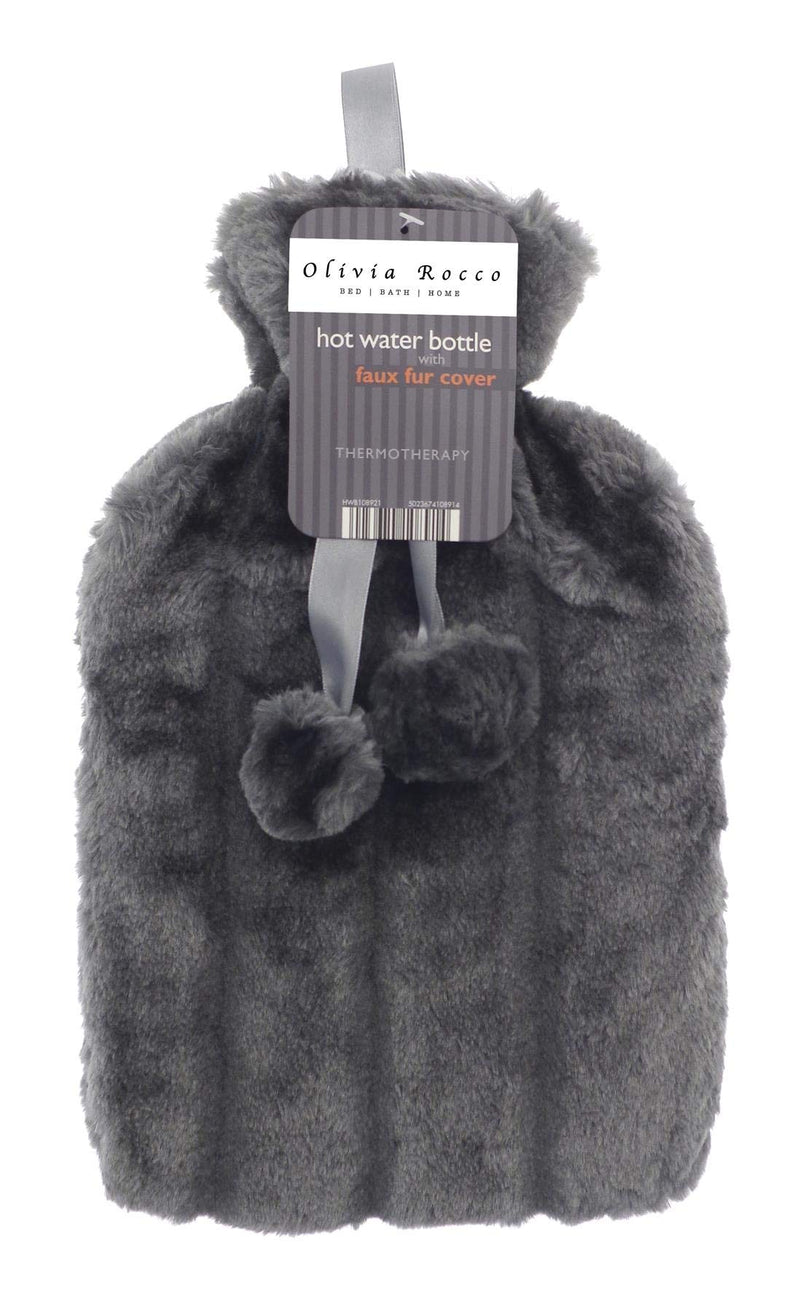 Olivia Rocco Plain Faux Fur Hot Water Bottle with Pom Poms Thermotherapy Hotwater Plush Fleece Bottles Winter Gift, Charcoal - BeesActive Australia