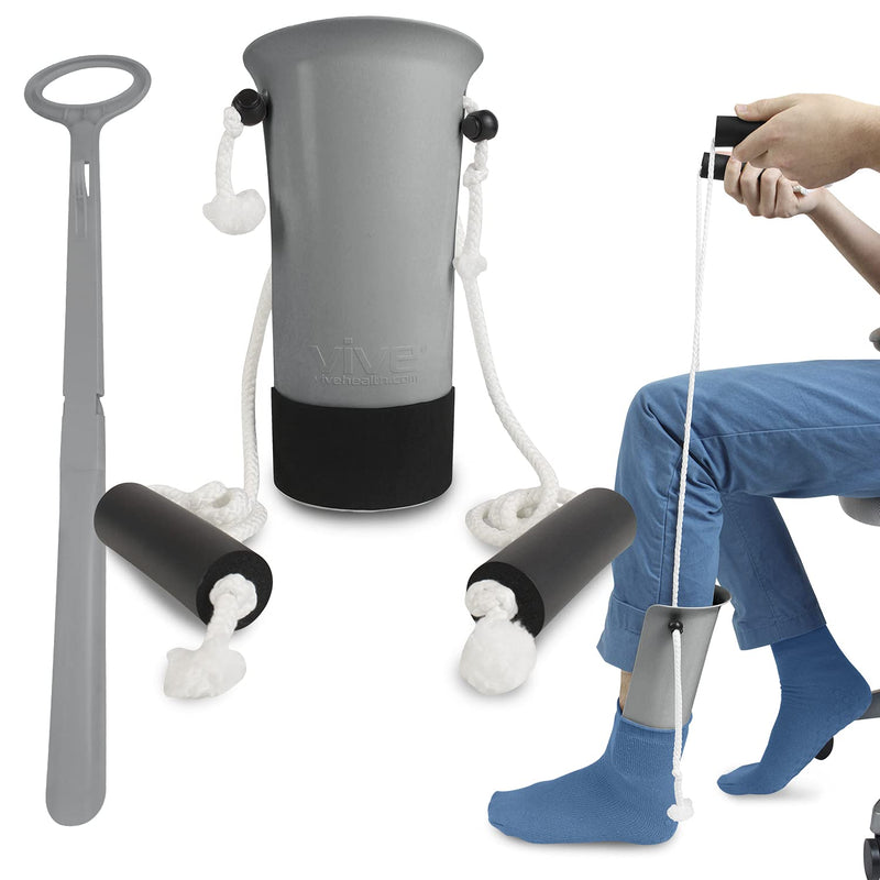 Vive Sock Aid and Shoe Horn Kit - Long Handled Remover for Men, Women, Senior - Adjustable Reach Assist - Stocking Helper Gray - BeesActive Australia
