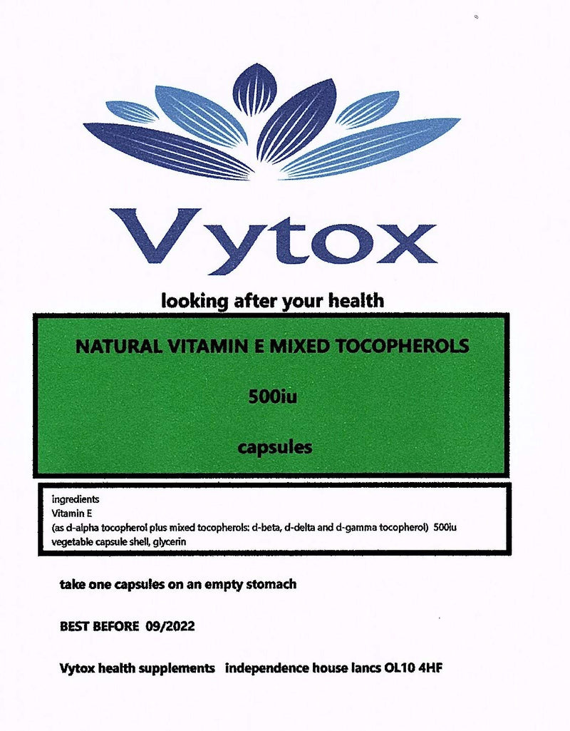 Natural Vitamin E Mixed Tocopherols (500iu) 30 Capsules, 1 Month Supply, by vytox, Vegetarian - BeesActive Australia