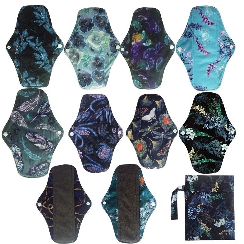10PCS 10 Inch Charcoal Bamboo Cloth Reusable Washable Menstrual Pads Sanitary Pads+1 Wet Bag (NCM-M10-01) Ncm-m10-01 - BeesActive Australia