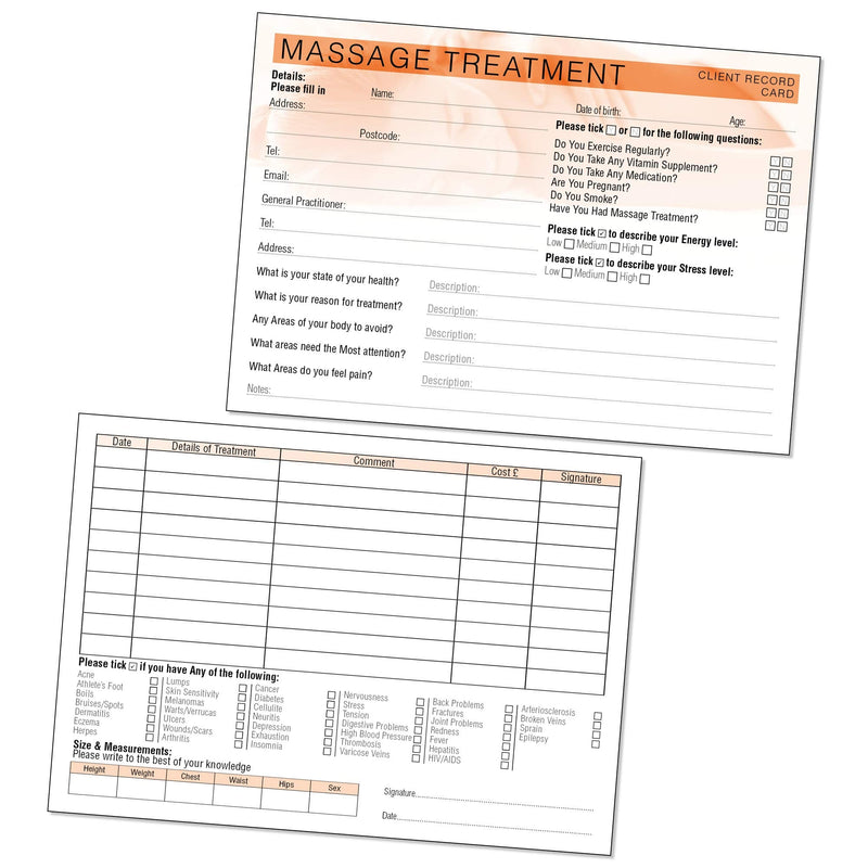 Massage Client Record Card - Treatment Consultation Form for Mobile Therapists & Salons A5 Pack of 50 - Landscape A5 (Landscape) - BeesActive Australia