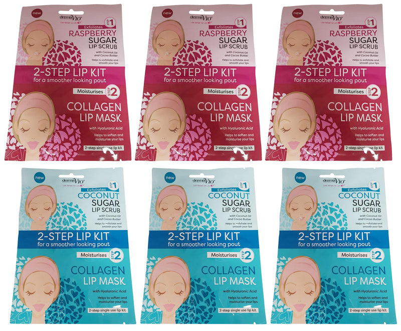 Derma V10 2-Step Lip Kit - Sugar Lip Scrub & Collagen Lip Mask - 6 Pack Bundle (3 x Raspberry, 3 x Coconut) - BeesActive Australia