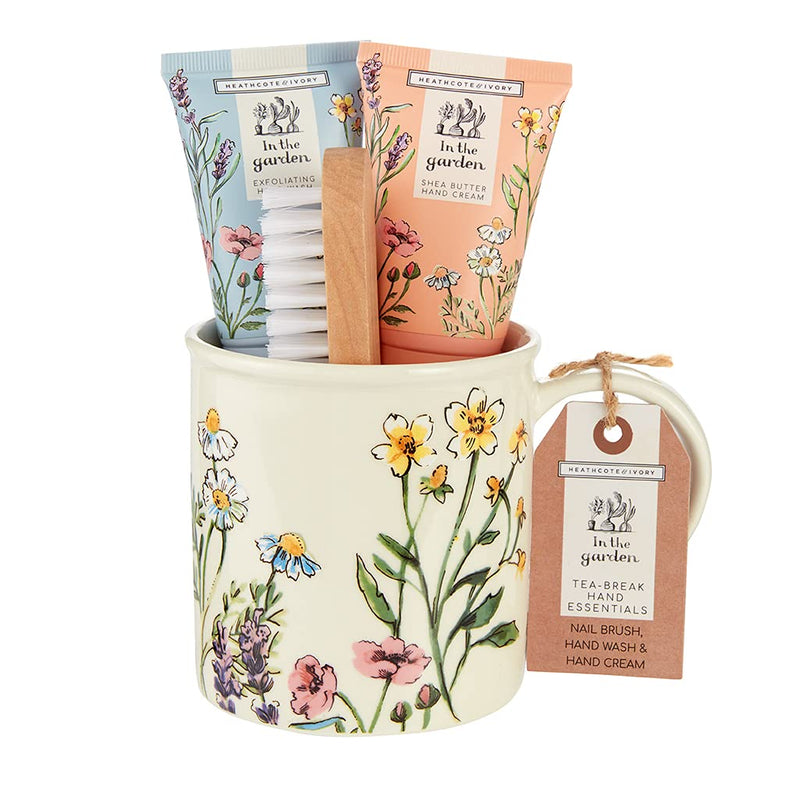 Heathcote & Ivory In The Garden Tea-Break Hand Essentials Gift Set With Exfoliating Hand Wash, Hand Cream, Nail Brush and Ceramic Mug, 0.48 kg - BeesActive Australia