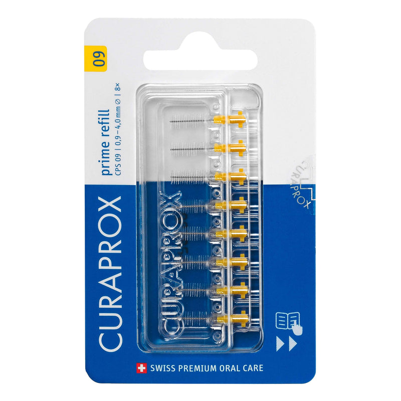 Curaprox CPS 09 Prime Refill Interdental Brushes, Yellow, 8 Count - 8 x 0.9mm - 4mm Internal Toothbrushes. - BeesActive Australia