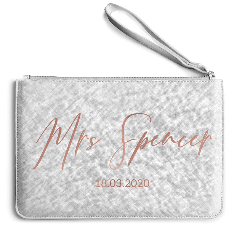 Personalised Mrs Clutch Bag Bride to Be - Wedding Gifts from Husband Custom Date - Make Up Accessories, Soft Grey One Size - BeesActive Australia