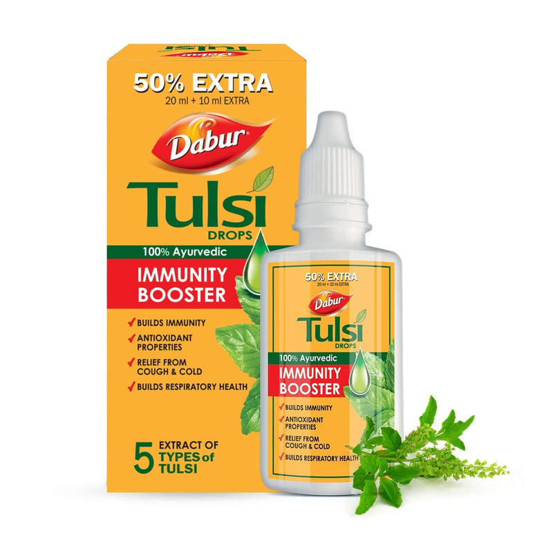 DABUR Tulsi Drops- 50% Extra: Concentrated Extract of 5 Rare Tulsi for Natural Immunity Boosting & Cough and Cold Relief: (20ml +10ml Free) - BeesActive Australia