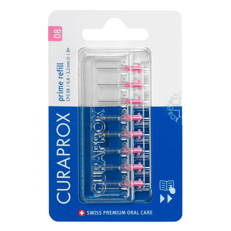 Curaprox CPS 08 Prime Refill Interdental Brushes, Pink, 8 Count - 8 x 0.8mm - 3.2mm Internal Toothbrushes. - BeesActive Australia
