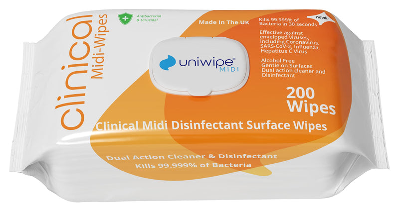 Uniwipe Clinical Midi-Wipes, Antibacterial, Sanitising, Kills 99.999% of Germs, 200 Count - BeesActive Australia