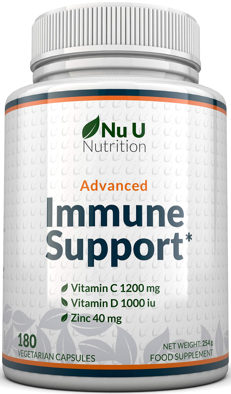 Immune Support - Vitamin C 1200mg and Zinc 40mg & Vitamin D3 1000IU - 180 Vegetarian Capsules - 3 Month Supply - Made in The UK by Nu U Nutrition - BeesActive Australia