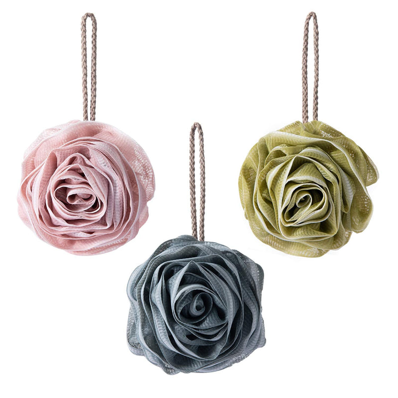 Pincy 3-Pack Soft Mesh Poufs - Rose Flower Shape Shower Puff Loofah, Exfoliating Bath Sponge Scrubber Ball, 3 Colors Suitable for All Family Black - BeesActive Australia