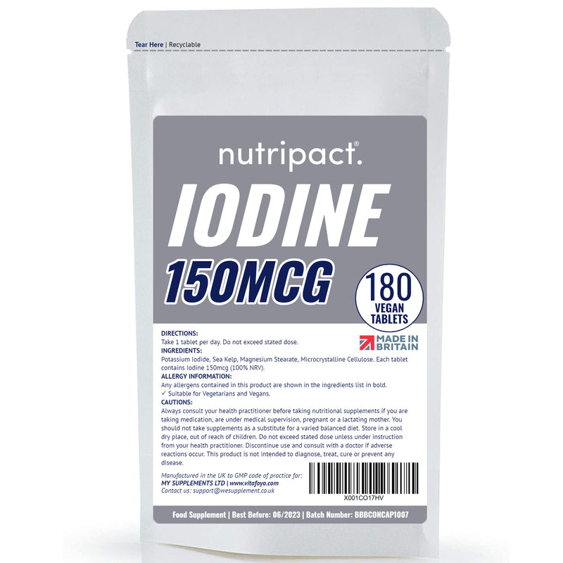 Iodine Supplement 150mcg Tablets - 180 Vegan Tablets - 6 Month Supply - Source of Iodine from Potassium Iodide - Suitable for Vegans - UK Made - BeesActive Australia
