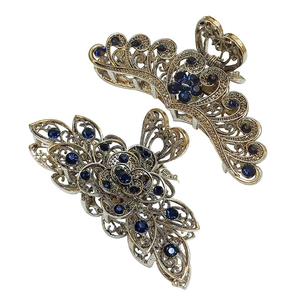 2Pcs Vintage Metal Hair Jaw Clip Rhinestone Crystal Large Clip Claw Hairpin Non-Slip Hair Clamps for Women Girls Fashion Accessories Headwear - BeesActive Australia
