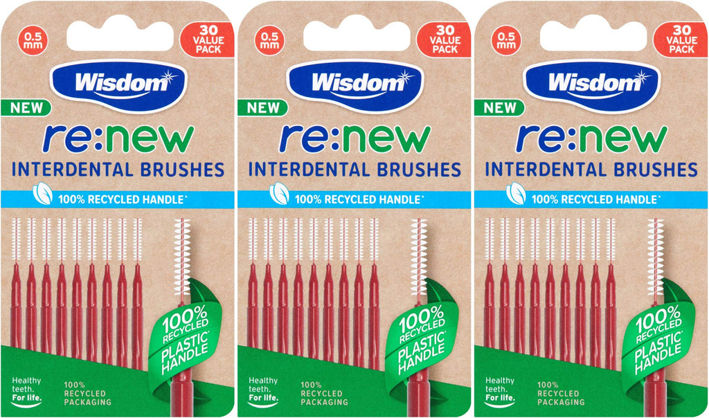 Wisdom re:New 0.5mm Interdental Brushes x30 - Pack of 3 (90 Brushes Total) | Recycled Plastic - BeesActive Australia