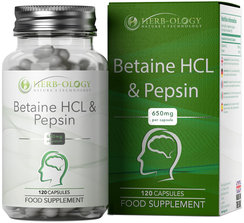Herb-Ology Betaine HCL & Pepsin Capsules | 120 Betaine Hydrochloride Supplements, 650mg per Capsule | Clean Fillers & Manufactured in The UK - BeesActive Australia