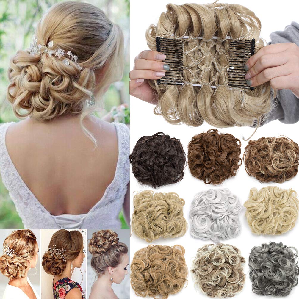 Real Thick Comb Clip in Messy Curly Bun Hair Extension Chignon Updo Hair Piece Short Hair Wavy Scrunchie Wedding Hairpiece - Ash Blonde - BeesActive Australia