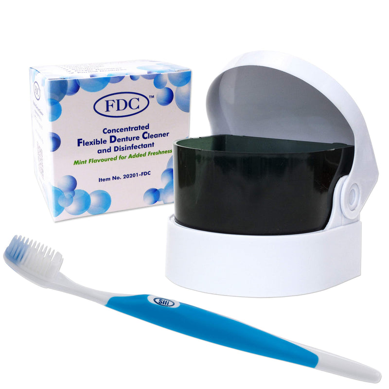 Flexible Denture Care Package ~ FDC Sachets, Sonic Cleaner, Silicone Brush (Blue Brush) Blue Brush - BeesActive Australia