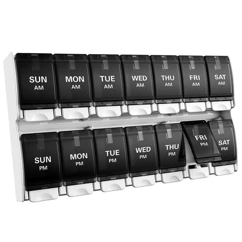 BUG HULL Pill Box 7 Day AM PM, Pill Organiser 2 Times a Day, Large Compartments Rainbow BPA Free (Black) - BeesActive Australia
