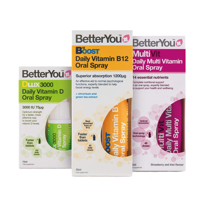 BetterYou Complete Wellness Pack: Vitamin B12 + Vitamin DLux3000 + MultiVit Oral Sprays (3 Pack) - BeesActive Australia