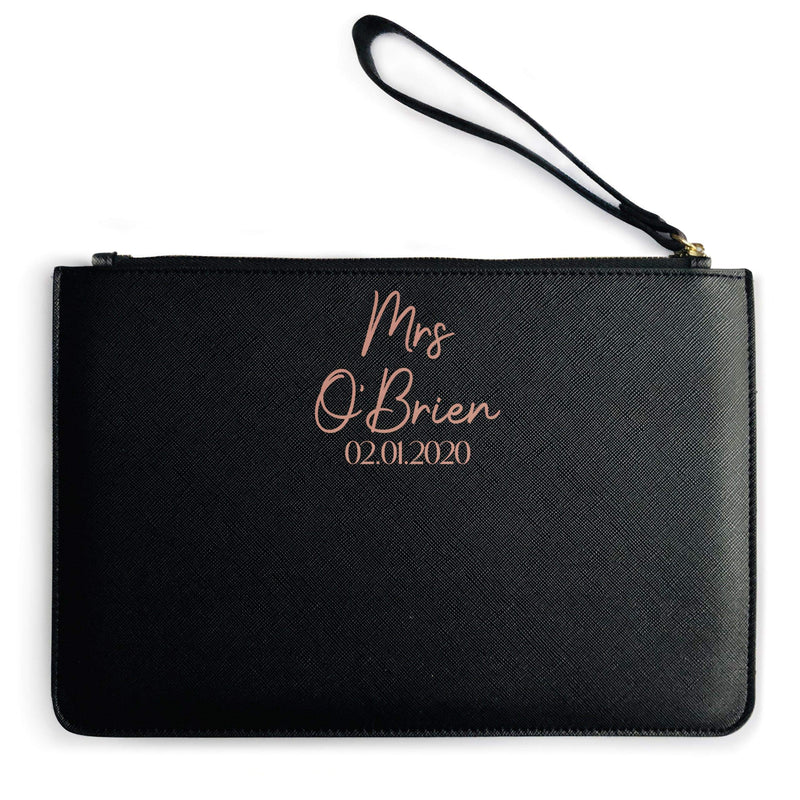 Womens Custom Mrs & Wedding Date Clutch Bag - Personalised Wedding Gifts for Bride - Birthday Present Personal, One Size, Black - BeesActive Australia