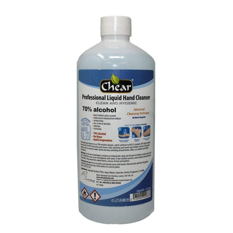 Chear Professional Liquid Hand Cleanser 500ml - 70% Isopropyl Alcohol IPA - Rubbing - First Aid Antiseptic Disinfectant - BeesActive Australia