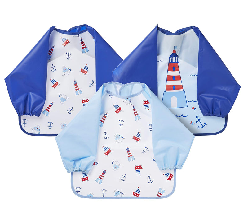 Nuby Coverall Baby Bibs for Toddlers 12 months plus, Long Sleeve Waterproof Weaning Bibs, 3 Pack, Blue Boy - BeesActive Australia