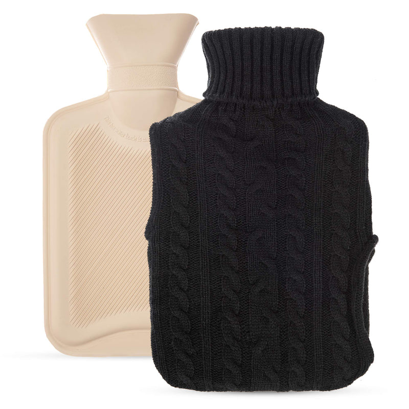 LIVIVO 2L Hot Water Bottle with Insulating Cover and Pockets for Hands - Keep Cosy and Warm (Black Knit) Black Knit - BeesActive Australia