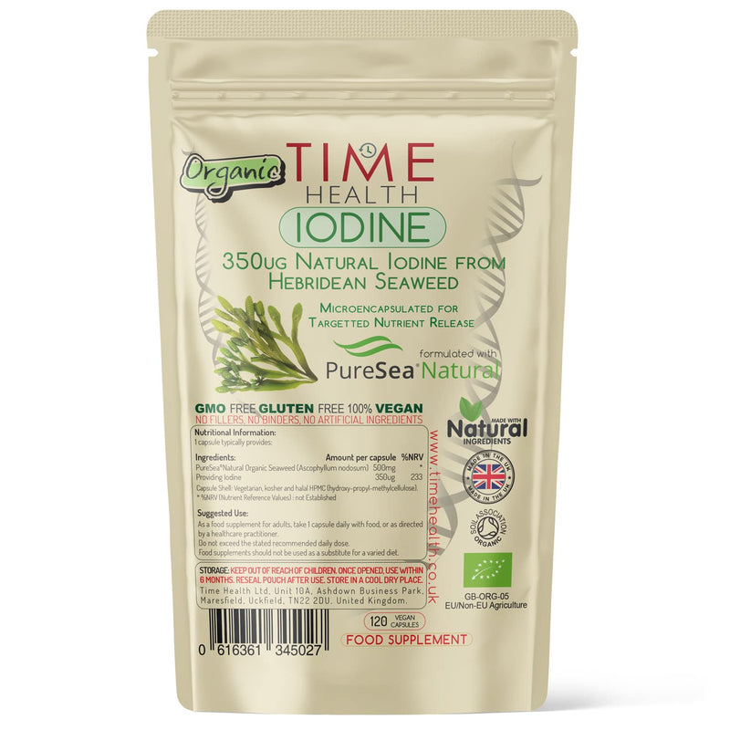 Iodine - Organic Scottish Sea Kelp - PureSea® Natural - UK Made - Zero Additives - Vegan (120 Capsule Pouch) - BeesActive Australia